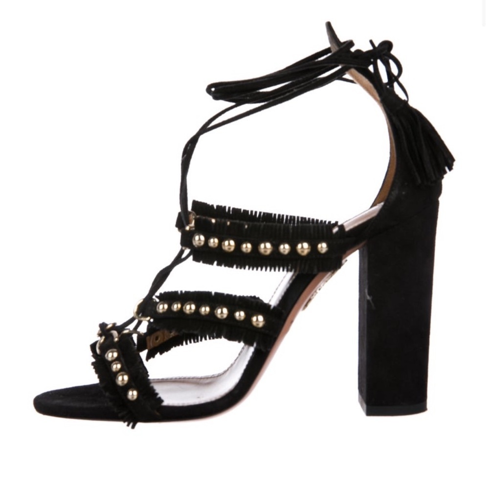Aquazurra Block Heel Lace Up Heel 6.5 Talum black Suede Gold Studs Tulum